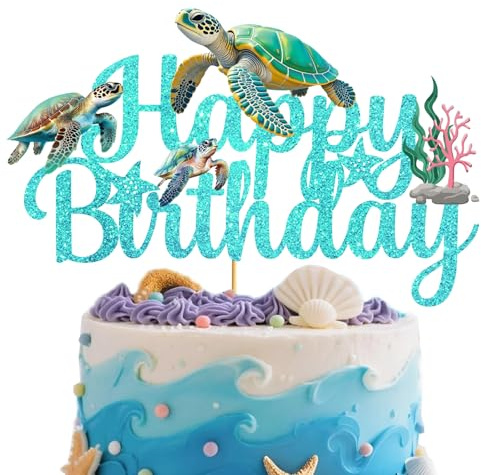 Sea Turtle Cake Topper Blue Glitter Sea Turtle Birthday Decorations Under the Sea Ocean Cake Decorations