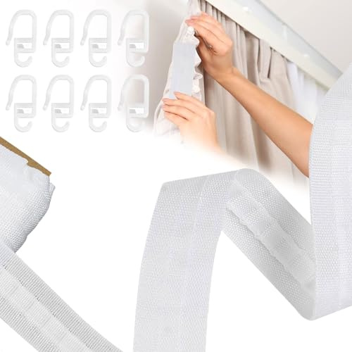 1 Rolle Gardinenband zum Aufnähen, 2.5cm x 40m Gardinenband Kräuselband für Vorhänge, Vorhangband Faltenband Kräuselband zum Aufnähen, Faltenband für Deko, Weiß, mit 50 Vorhanghaken