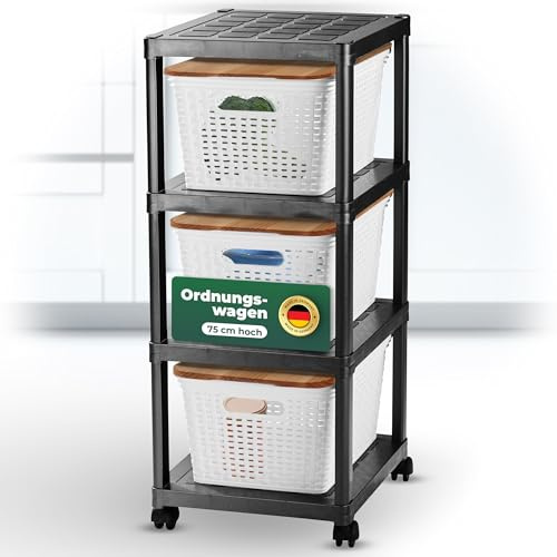 Novaliv Rollwagen 4 Etagen mit 3x Rattankorb & Holz-Deckel, Badezimmer-Regal Badregal Bad Küche, Ordnungswagen Beistellwagen Allzweckwagen Putzwagen Ordnungswagen, Aufbewahrung Lager Organizer