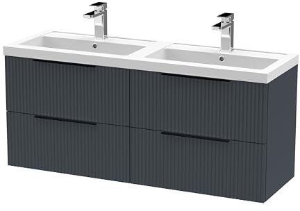 Balterley Vanity Unit with Basin Wall Hung, 4 Drawer Soft Close with 2 Rectangular Sink and Handles, Bathroom Vanity Units with Basin, Fluted Front Sink Cabinet - 1205 x 383 x 540mm (Dark Grey)