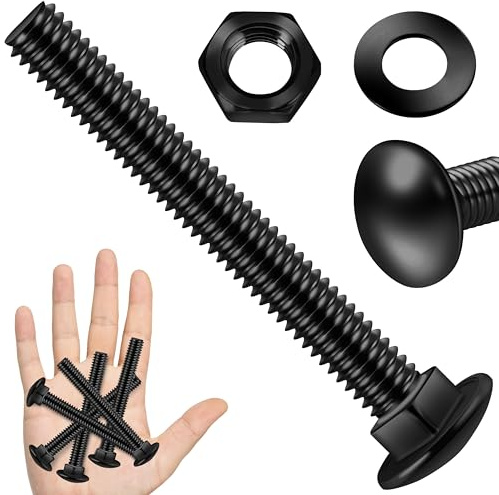 EASTPUK (6 set) 3/8-16 x 3 Bulloni con dadi e rondelle, in acciaio inox 304, testa tonda, collo quadrato, viti a testa tonda 3/8, filettatura completa nero ossidato per esterni