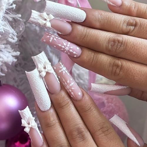 Long Square False Nails - 24pcs French Tip Christmas Press on Nail with 3D Bow - Winter White Edge Stick on Nails with Glue - Acrylic Glue on Fake Nails Long for Women Nail Tips Decoration