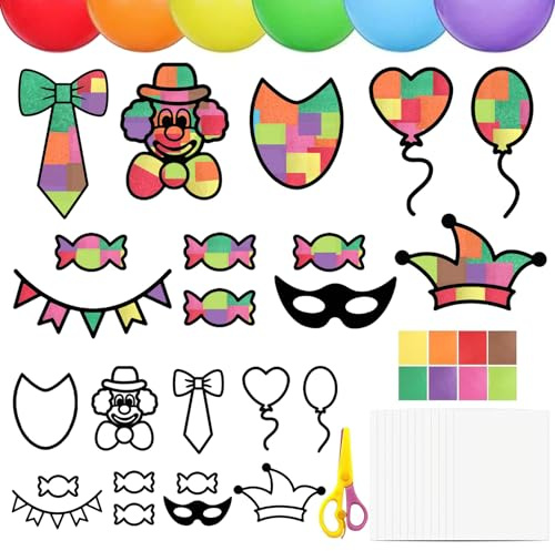 26 Stück Fensterbilder Karneval, Karneval Deko Fenster Set, Fasching Basteln Kinder ab 4 5 6 7 8 Jahre mit Ballon, Clown, Fensteraufkleber, Schere, Karnevalsdeko Fenster für Fasching, Geburtstag