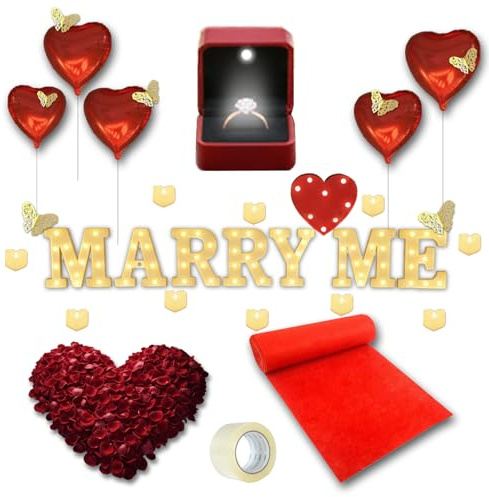 3051 Stück Deko-Set für den Heiratsantrag, Leuchtbuchstaben Marry Me Leuchtringbox, Herz Kerzen, Goldener Schmetterling, Rosenblätter, Roter Teppichläufer 5M, Herzballons, Rote Herzförmige Licht