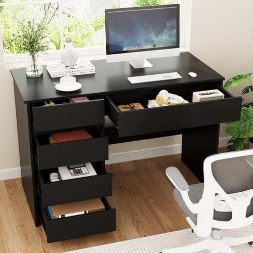 VOWNER Computer Desk 5 Drawers Home Office Desk Laptop Desk Storage | Black desk with storage, 110 x 50 x 75 cm, ideal for home office, study, bedroom and small spaces.