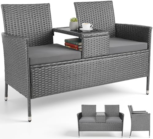 Clevich Polyrattan Gartenbank mit Tisch, Balkonmöbel 2er Set mit Sitzkissen | Gartenmöbel Set für Kleinen Balkon, Wetterfest, UV-beständig, Outdoor Sitzbank für Terrasse, Garten, Grau