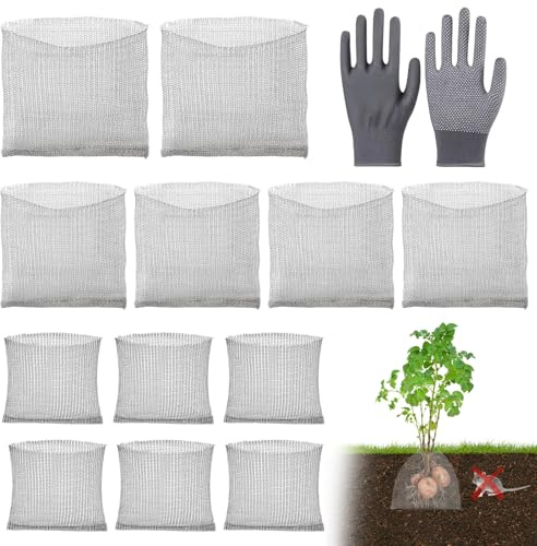 YUE QIN 12 Stück WüHlmauskorb aus Edelstahl für Pflanzen mit Handschuhe | Wurzelschutz Gegen Wühlmäuse 3 Größen Pflanzenwurzelschutz Wühlmauskörbe für Schutz der Wurzeln Von Bäumen Blumen Gemüse