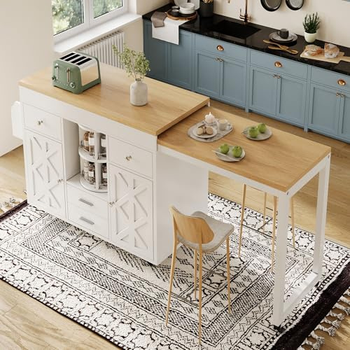 Yihomfy Isla Central Cocina con ruedas, Multifunción Mesa de Bar Extensible con Almacenamiento 110-180 cm, 4 cajones y 2 puertas, sirve como Isla de Buffet o Mesa de Comer