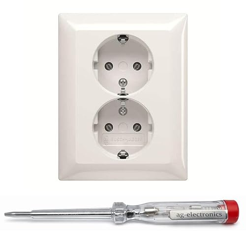 Spannungsprüfer 120-250V® + BUSCH-JAEGER Doppelsteckdose SCHUKO 202 EUJ-914 volle Abdeckung balance SI alpinweiß