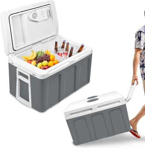 YEATHOR 48L Electric Cool Box Cooler Box with Heat & Cold Insulation Function Portable Large Ice Box Freezer Box with Handle & Wheeles 12V 240V Mini Fridge for Camping Travel Car Picnics