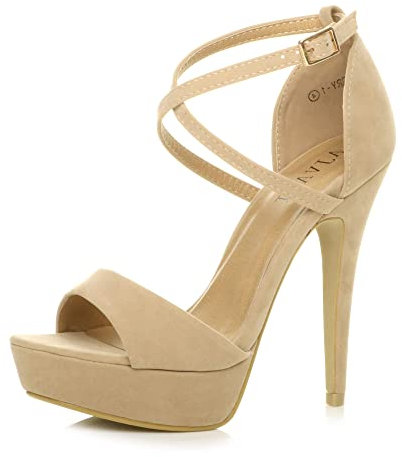 Womens Ladies Platform high Heel Peeptoe Cross Over Strappy Shoes, Nude Suede, 6 UK