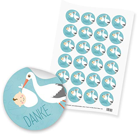 itenga Motiv Storch mit Baby Mint Türkis Pastell für Jungen & Mädchen Gast Geschenk Geburt Taufe 1. Geburtstag (24 Motivsticker mit Text Danke)