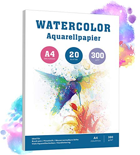 Aquarellpapier A4, 20 Blätter, 300 g/m², Weiß Aquarell Papier mit Rauher Oberfläche, pH-neutral Watercolour Paper Pad, 100% Baumwolle Säurefreis Papier für Aquarellmalerei Zeichnung und Handlettering