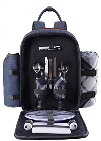ALLCAMP OUTDOOR GEAR Picnic Backpack for 2 Person Set W/Detachable Bottle/Wine Holder, Fleece Blanket, Plates and Cutlery Set (Blue)