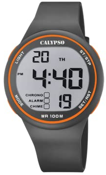 Calypso Digital Uhr Herrenuhr K5795/4 Quarz - Große Zahlen - Wasserdicht 10 ATM Datum und Kalender, Chronograph, Dualzeit, Licht, Alarm, 12 und 24 Stunden - Graues Kautschukarmband - Flash Time