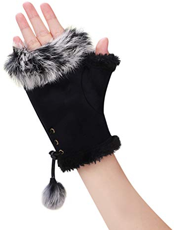 XINCHIA Damen Winter Kunstpelz Leder Halbfinger Handschuhe Mode Warme Fingerlose Fäustlinge Fleece Gefüttert Wärmer Handgelenk Handschuhe Touchscreen Verdicken Fäustlinge mit verstellbarem Gummiband,