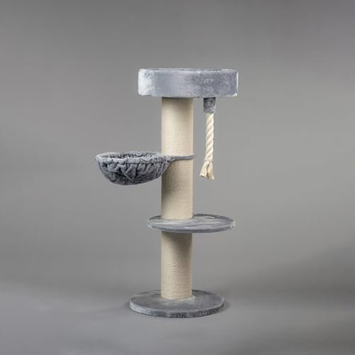 RHRQuality Kratzbaum für große Katzen – Maine Coon Sleeper de Luxe – 150 cm hoch – mit extra dicken 20 cm Sisalstämmen – hellgrau