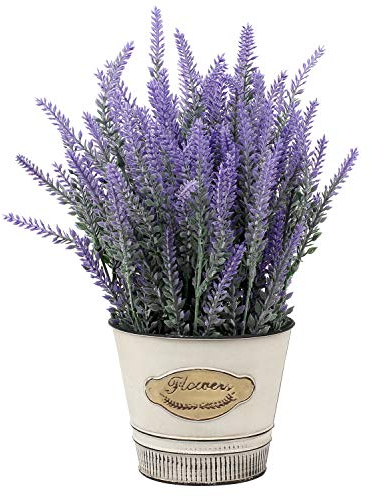 Piante artificiali di lavanda per esterni, in finto floccato di lavanda in vaso di metallo zincato, piante artificiali di lavanda, per casa, cucina, ufficio, centrotavola, decorazione della stanza