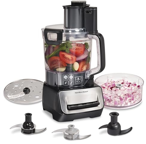 Hamilton Beach Stack & Snap Food Processor and Vegetable Chopper, Stainless Steel Blades, 14 Cup + 4-Cup Mini Bowls, 3-Speed 500 Watt Motor, Black (70585)