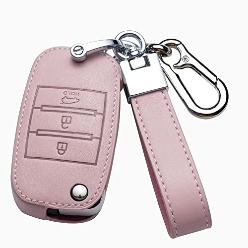 HIBEYO Smart Autoschlüssel Hülle passt für KIA Schutzhülle Schlüsselhülle Cover Rindsleder für Kia Stinger Sportage Cerato Carens Optima Solaris Fernbedienung Schlüsselbox Schlüsselanhänger-D Rosa