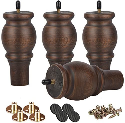 Btowin 12cm Holz Möbelfüße, 4 Stück Glasur Round Spindel Massivholz Tischbeine Kugelfüße mit M8 Bolzen & Montageplatten & Schrauben für Sofa Couchtisch Schrank Stuhl Ottomane