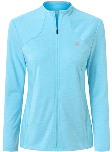 MoFiz Damen Laufjacke Leicht Sportjacke Trainingsjacke Langarm Frühling Sommer Fitness Wandern Yoga Jacke Atmungsaktive voll Reißverschluss mit Taschen ohne Kragen Himmelblau M