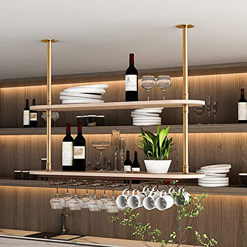 Decken-Weinregal mit Glashalter - Hängendes Weinglasregal aus Metall mit Massivholzplanke, Ausstellungsständer für Weinglas-Weinflaschen-Objekt, für Bars, Restaurants, Küche ( Size : 120*30*80cm ) (