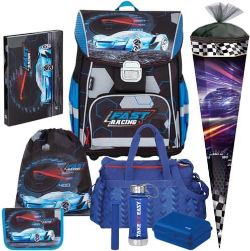 Generisch Auto - Fast Racing - Race - Oxy Bag PREMIUM Schulranzen-Set - HEFTBOX A4 GRATIS DAZU (8 teilig mit Sporttasche und Schultüte)
