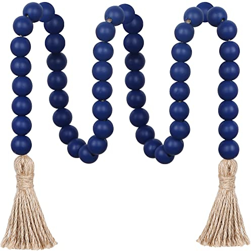 Meplait 39in Wood Bead Garland with Tassels, Farmhouse Rustic Decor Prayer Beads Boho Tassel Garland Wall Hanging Home Decor (Navy Blue)