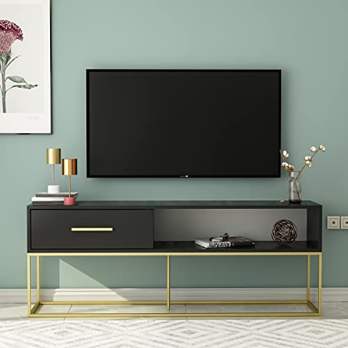 moebel17 TV Lowboard Mira Sideboard Board stehend, Schwarz Gold mit Gestell aus Metall, Holz, mit Tür viel Stauraum, für Wohnzimmer, Designerstück,160 x 60 x 35 cm, 9635