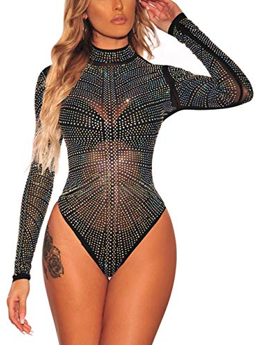 MAYFASEY Damen Schillernde Strass Nieten Mock Neck Bodysuit Sexy Jumpsuits Mesh Top, Schwarz, M