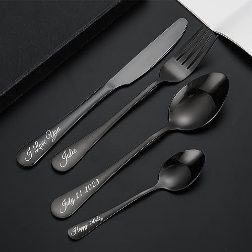 Cubiertos grabados personalizados, juego de vajilla personalizado con caja de regalo, tenedor/cuchillo/cuchara de acero inoxidable con letras personalizadas (negro)