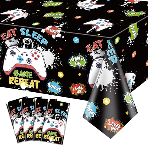 PTECDROTS 4Pcs Watercolor Game Tablecloths, Video Game Party Table Covers, Rectangular Table Decoration Gaming Birthday Party Supplies for Boys Kids Video Game Birthday Decorations, 130 x 220cm