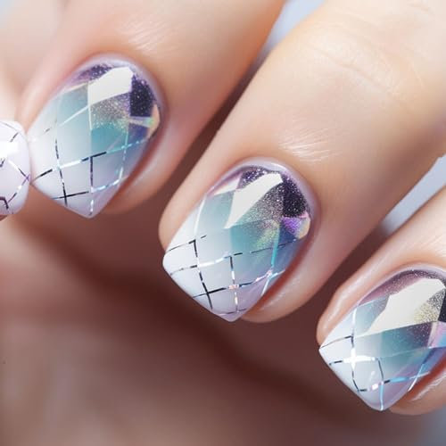 Ceboic Press on Nails Short, 24Pcs Square Purple Blue Smudge False Nails French Tip Fake Nails with Design, Ballerina Glue on Nails Natural Acrylic Full Cover Stick on Nails for Women and Girls