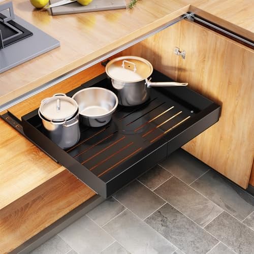 Kitstorack Tiroir Coulissant, Extensible Tiroir Coulissant Telescopique Cuisine pour Placard de Cuisine, Tiroir Coulissant avec nanofilm adhésif, 43 Profondeur x 30-50 Largeur x 5.8 Hauteur cm