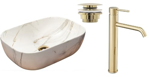 GTM Design Aufzatzwaschbecken mit Armatur-Waschbecken mit Hahn-Waschbeckenarmatur Gold-Aufzatzwaschbecken Rechteckiges-Waschbecken Weiß Marmor Glanz-Aufsatzwaschbecken mit Armatur komplett Set