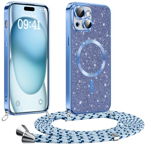 Phoona handyband Hülle für iPhone 15 mit Band, Glitzer Handyhülle Kompatibel mit MagSafe, Ganzkörperschutz Kratzfeste Stossfest Schutzhülle mit Einstellbar Kette, Blau