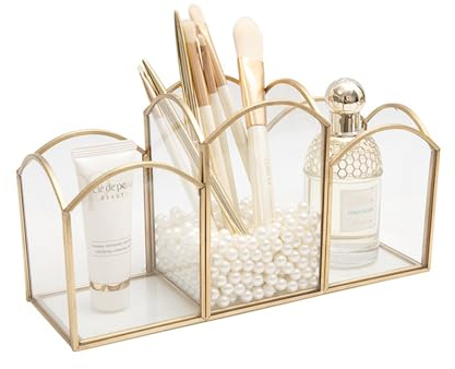 HARLIANGXY Porte-pinceaux de maquillage vintage en verre, Organiseur de pinceaux de maquillage, Organiseur de cosmétiques doré, Organiseur de maquillage, Pour coiffeuse, chambre à coucher