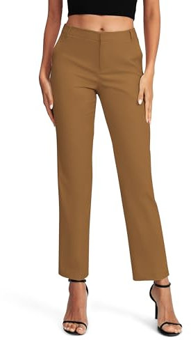 EXCHIC Donne Business Casual Elastica Vita Gamba Dritta Pantaloni con Tasche(XL, caffè)