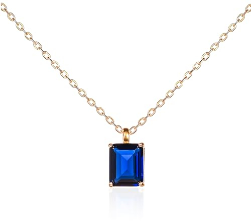 namana Kette mit Saphirblaue Anhänger für Damen mit einem rechteckigen Solitärstein, zierliche Halsketten für Frauen aus 925er Sterling Silber, Goldkette mit einem blauen Stein im Smaragdschliff