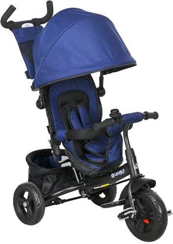 HOMCOM 6 in 1 Trike, Kids Tricycle, Pedal Push Bike w/Push Handle, Removable Canopy, 5-point Safety Belt, Storage, Cushion, Footrest, Brake, for 1-5 Years Toddler, Dark Blue