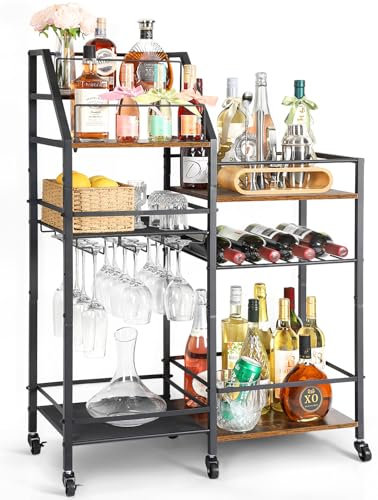 Bikoney Bar Cart with Wine Rack and Glass Holder, Large Drinks Trolley with Storage for Liquor, Whiskey, Mini Bar – Freestanding Bar Stand for Kitchen, Dining Room or Home Decor
