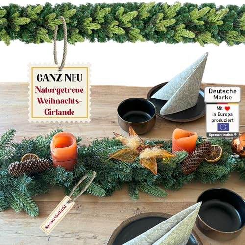 Weihnachtsgirlande künstlich 150 cm I Naturgetreue Nachbildung mit Spritzguss Elementen, Weihnachtsdekoration für Innen, Draußen + Eingangstür Halterung I ohne Deko (Grün, 270 cm)