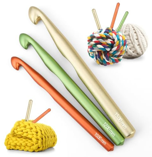 Large Crochet Hooks Set, Aluminum Knitting Needles Kit Ergonomic Soft Handles 12mm Crochet Hooks 3 Pcs Metal Matte Crochet Tool Set for Yarn Craft Hand-Knitted Sweaters for Blanket (10mm 12mm 15mm)