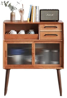 Japanischer Stil Massivholz Kirsche Sideboard mit Doppeltüren, 3 Schubladen und Teeschrank, Wohnzimmerregal und Kaffeeschrank für kleine Räume
