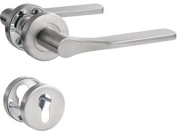 SORWDUERM Poignée de porte noire en acier inoxydable mat brossé - Poignée de porte pour porte d'entrée et porte intérieure - En forme de L - Rosace ronde - Cylindre profilé