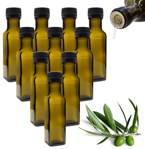 mikken 10 botellas de aceite pequeñas de 100 ml con vertedor, color verde/marrón, incluye etiquetas