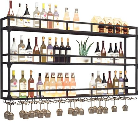 Casier à vin mural moderne en fer avec barre lumineuse LED, étagères flottantes avec support en verre, parfait pour la maison, le restaurant, le bar, la décoration.