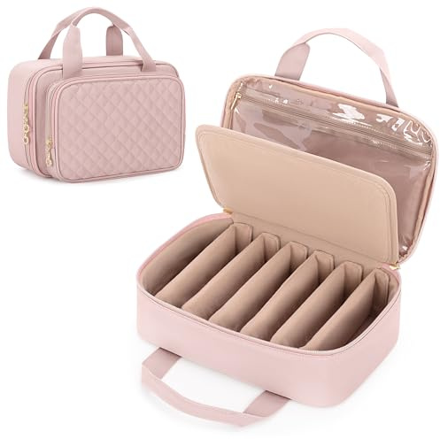 Teamoy Travel Sunglasses Organizer Case, Portable Eyeglasses Storage with Adjustable Slots for Multiple Eyeglasses, Pink