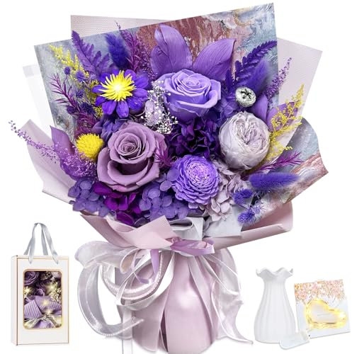 Bouquet de roses éternelles avec vase, véritables fleurs conservées dans une boîte cadeau, cadeaux pour femme, épouse, petite amie, pour anniversaire, Saint-Valentin, fête des mères, Noël